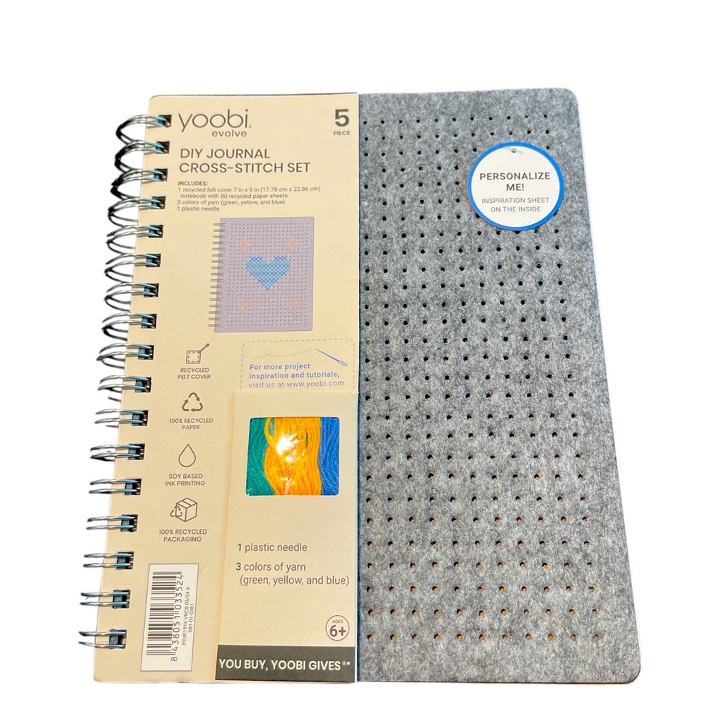 Yoobi DIY Journal Cross-Stitch Set Gray with Colorful Yarn New NWT